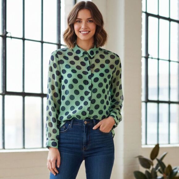 Liz Claiborne Button Down Blouse Mint Green Navy Polka Dot Retro Office Women S - Picture 1 of 6